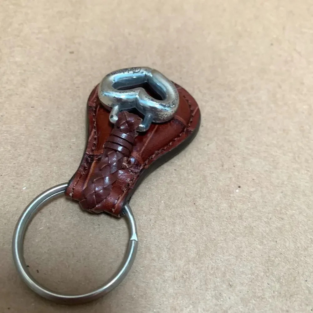 Vintage BRIGHTON ONE WORLD Brown Leather Key Ring Key Fob with HEART Charm